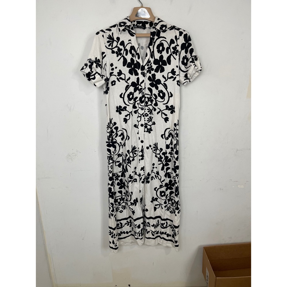 Zara Womens Floral Midi Shirt Dress White‎ Black Button Front Short Sleeve XS